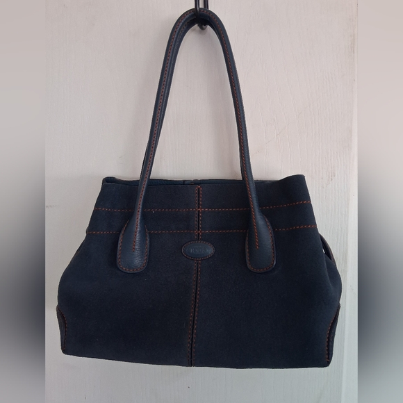 Tod's Handbags - Tod's Navy Suede Shoulder Bag with Contrast Stitching